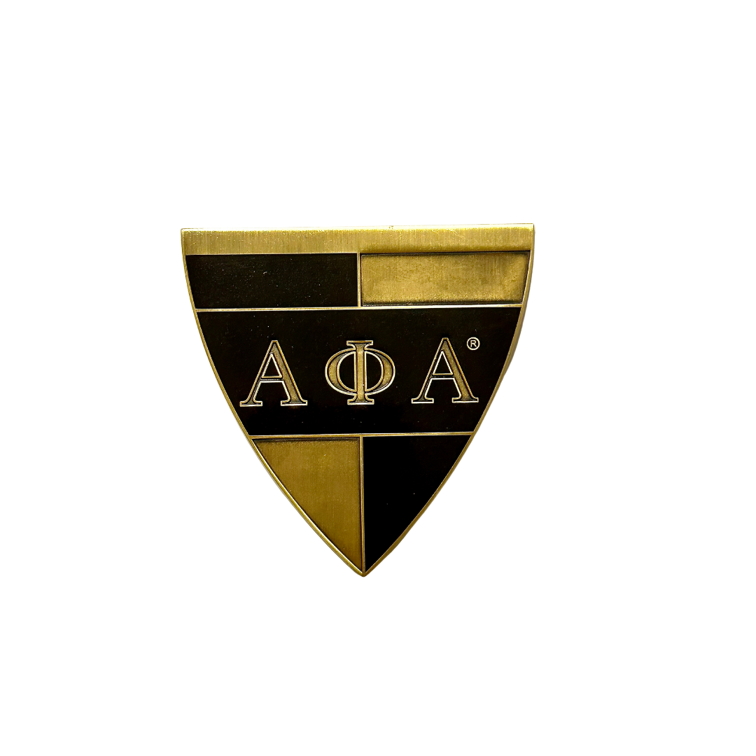 Antique Gold metal alloy emblem with black enamel and the greek symbols for Alpha Phi Alpha etched in the gold.
