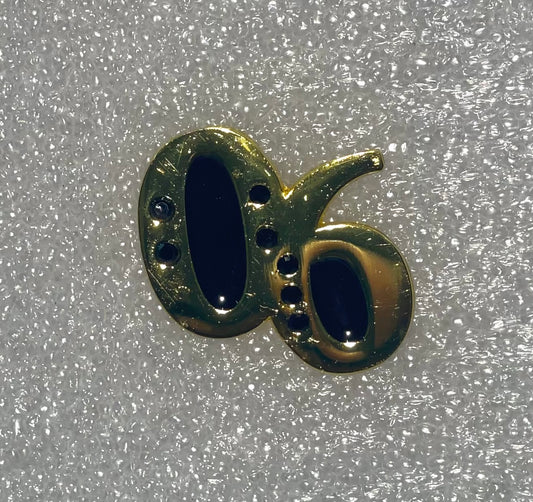 “06” lapel pin with black stones